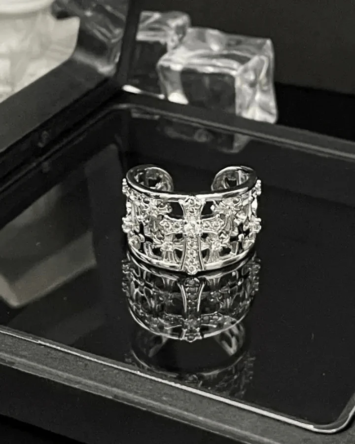 Gothic Cross Inlaid Zircon Open Ring - Image 2