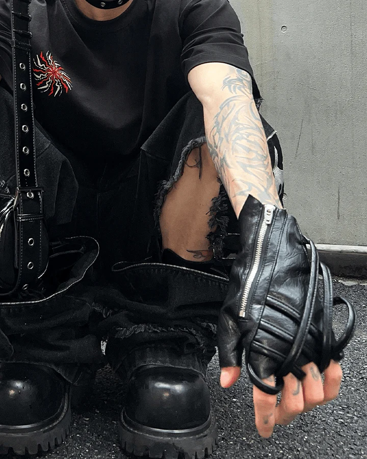 Gothic Punk Lace-Up Fingerless Faux Leather Gloves - Image 10