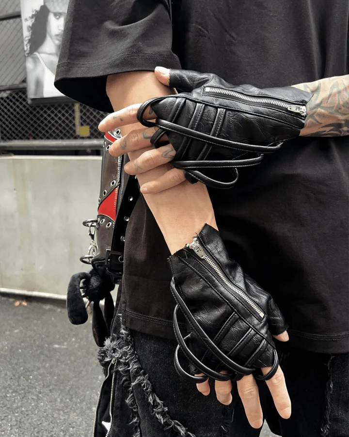 Gothic Punk Lace-Up Fingerless Faux Leather Gloves - Image 2