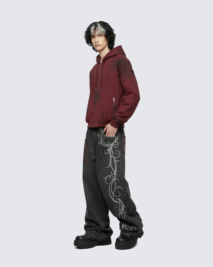 Dragon Embroidery Gothic Loose Denim Pants - Image 3