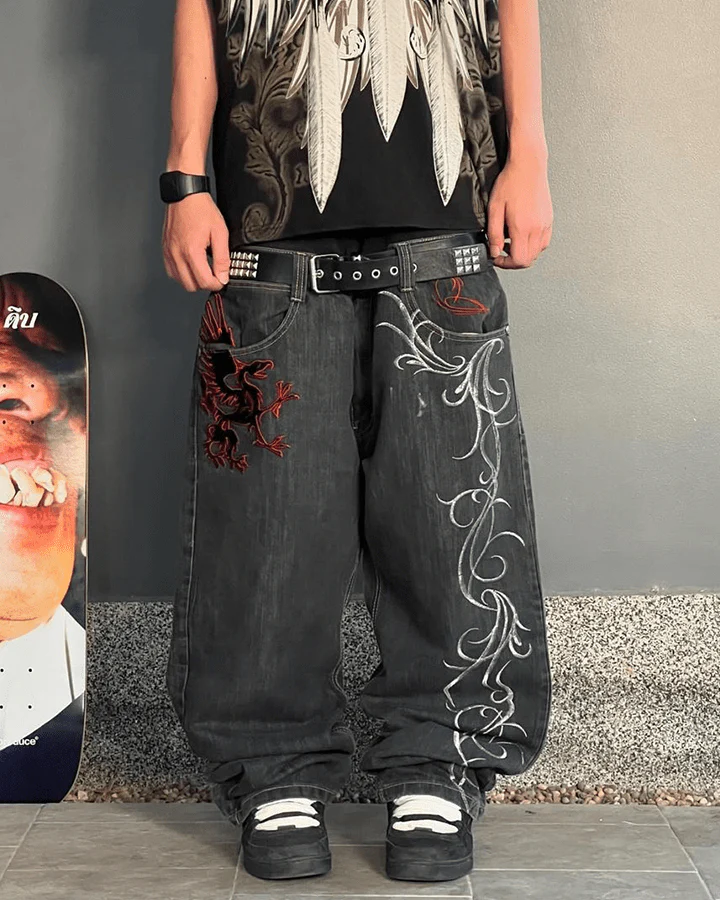 Dragon Embroidery Gothic Loose Denim Pants - Image 4