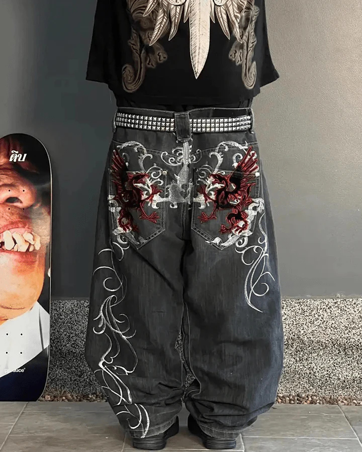 Dragon Embroidery Gothic Loose Denim Pants - Image 5