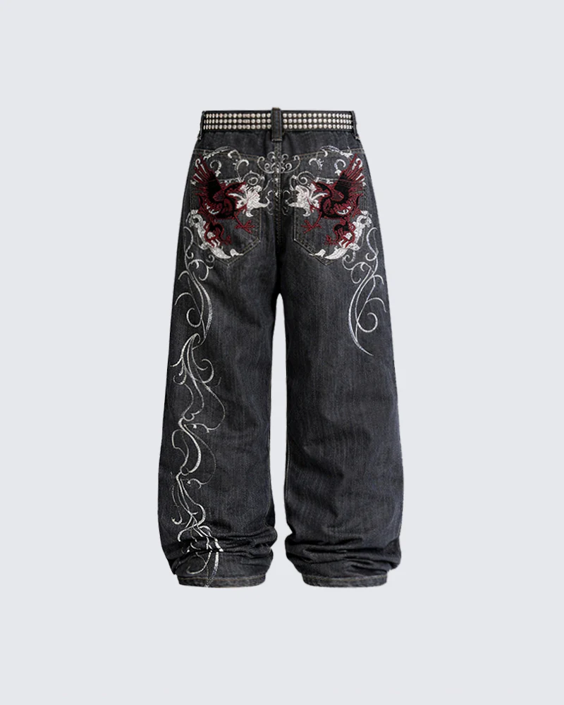 Dragon Embroidery Gothic Loose Denim Pants - Image 6