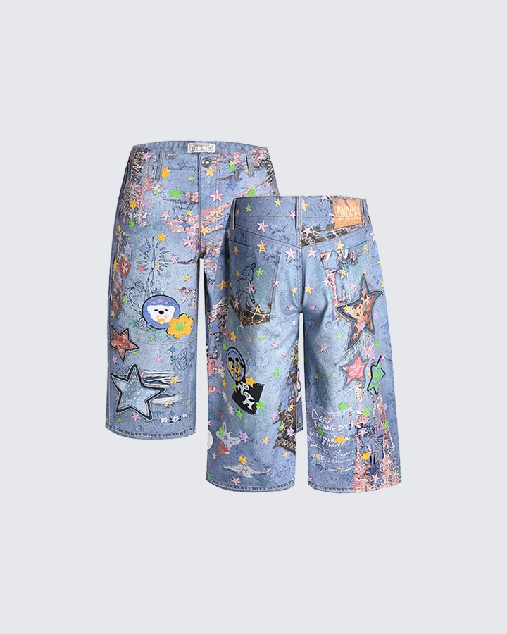 Cartoon Graffiti Print Straight Denim Shorts - Image 2