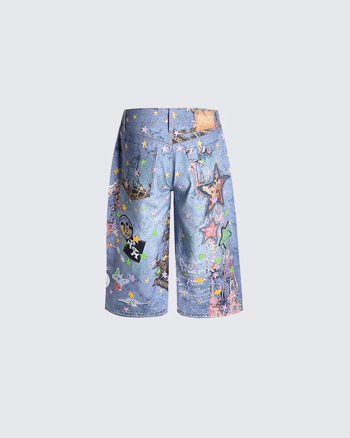 Cartoon Graffiti Print Straight Denim Shorts - Image 3