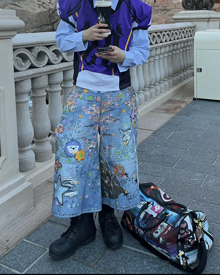 Cartoon Graffiti Print Straight Denim Shorts - Image 6
