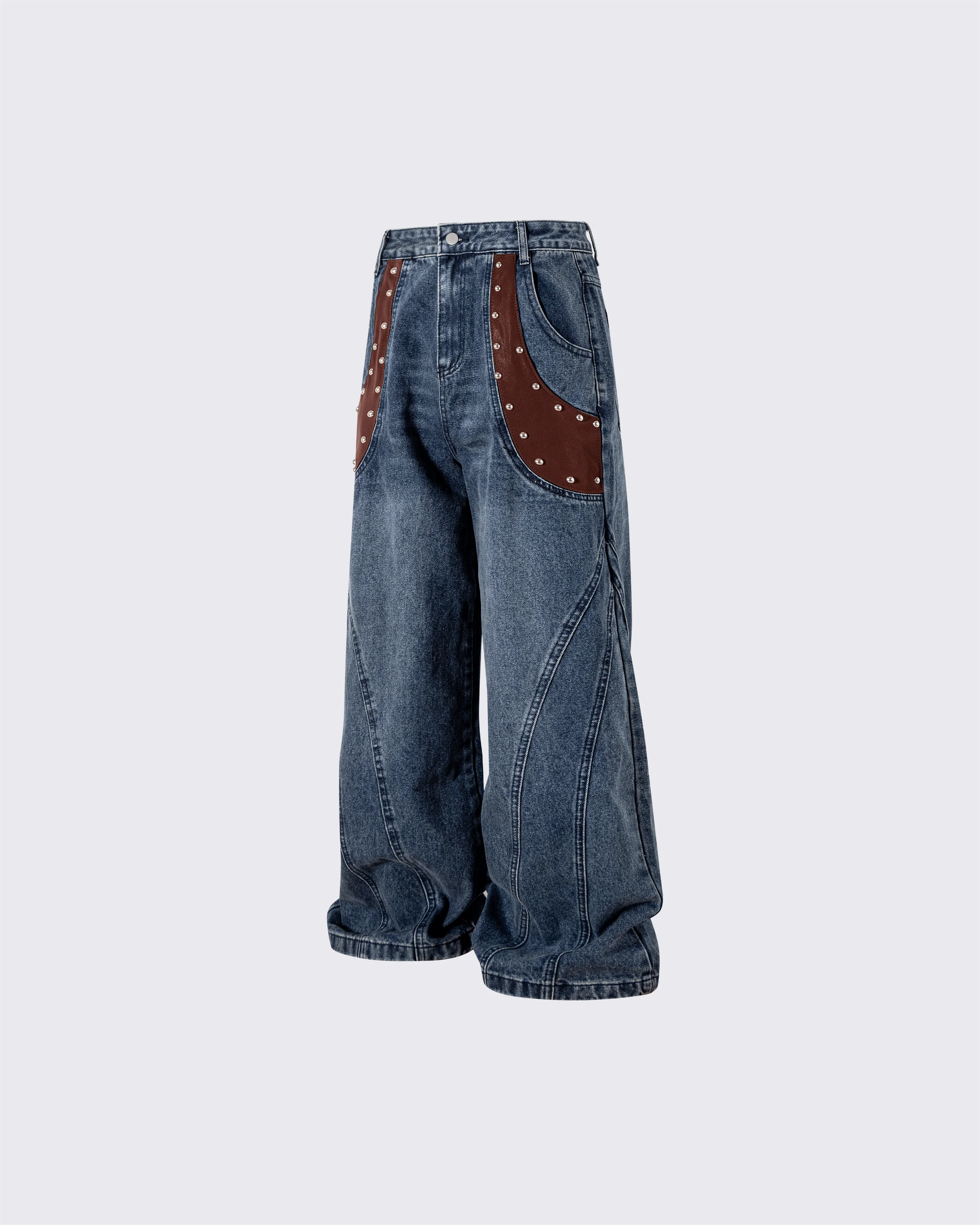 Leather Patch Pocket with Studded Detail Denim Pants - Image 2