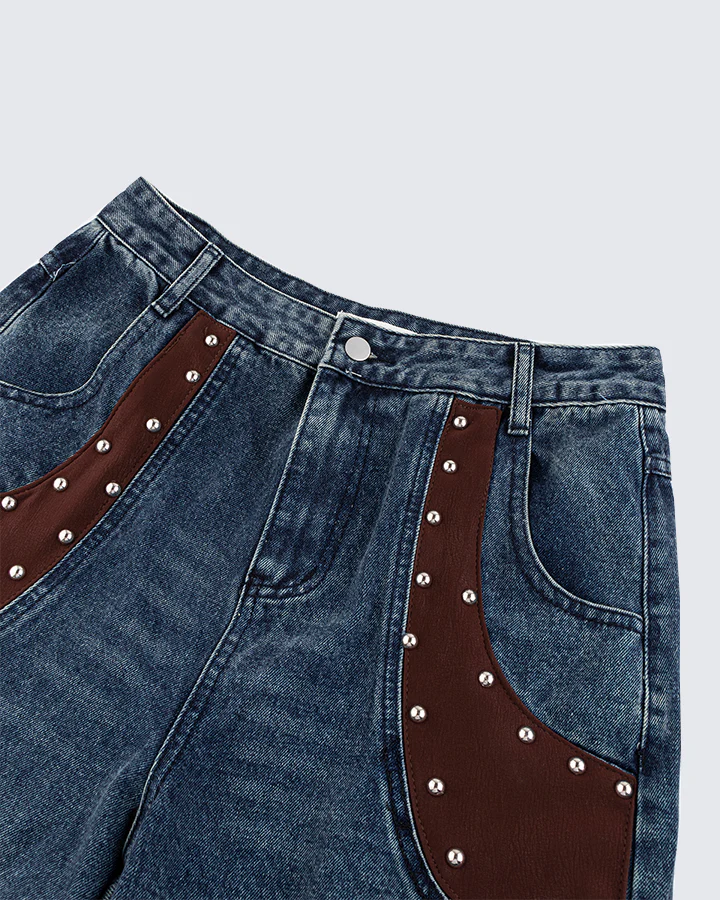 Leather Patch Pocket with Studded Detail Denim Pants - Image 4