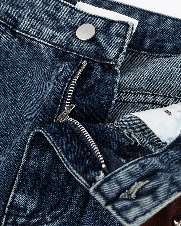Leather Patch Pocket with Studded Detail Denim Pants - Image 5