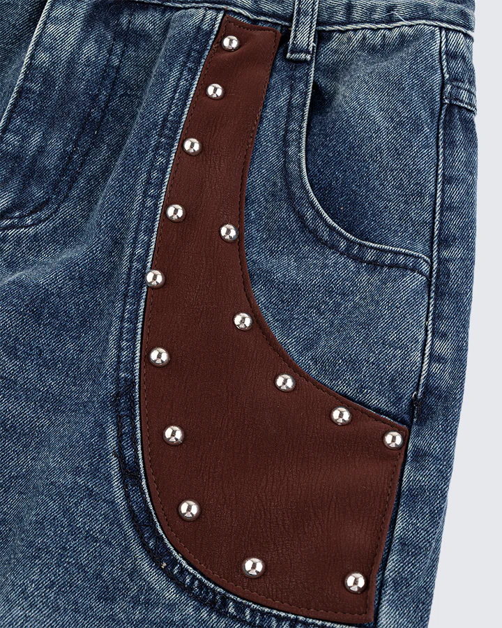 Leather Patch Pocket with Studded Detail Denim Pants - Image 6