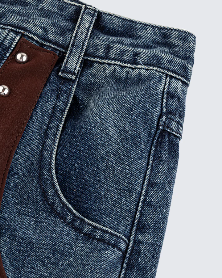 Leather Patch Pocket with Studded Detail Denim Pants - Image 7