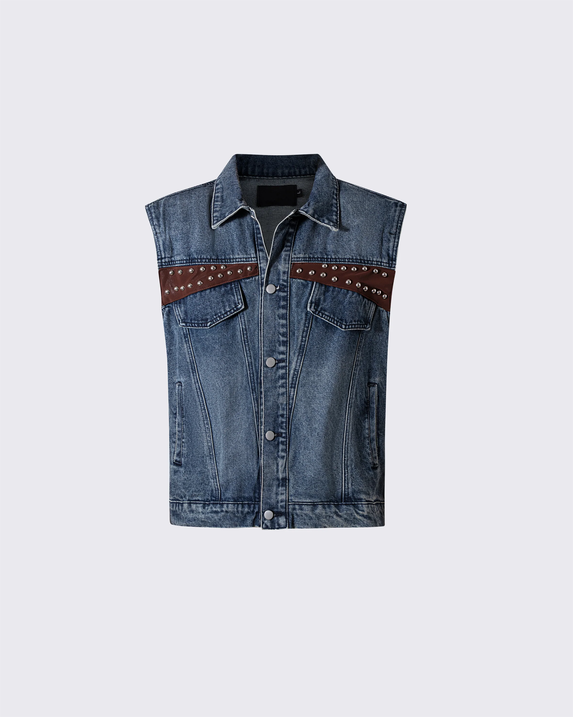 Leather Patch Studded Denim Vest