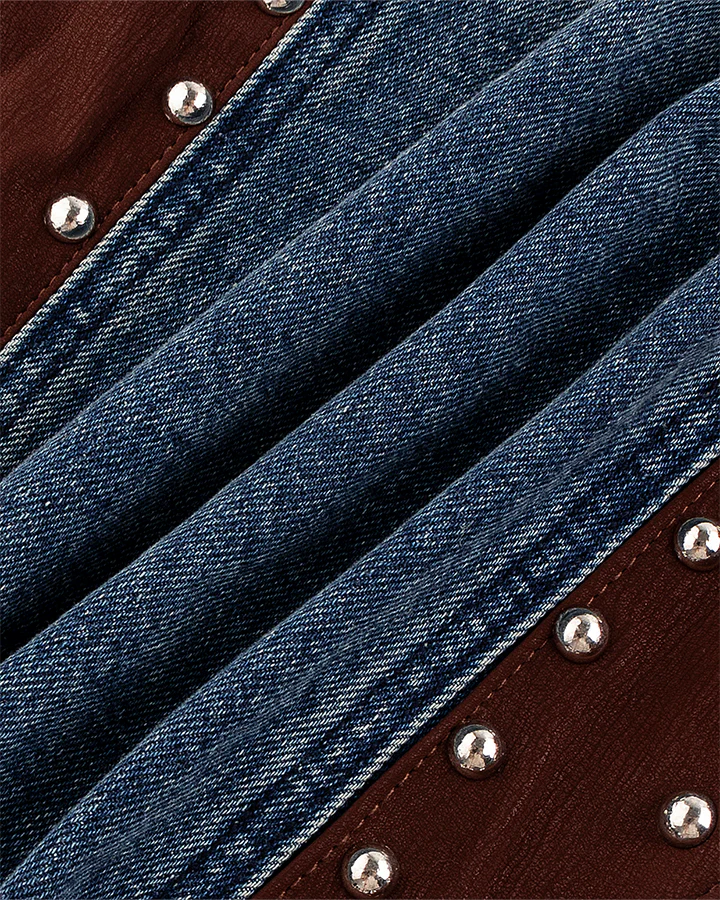 Leather Patch Studded Denim Vest - Image 11
