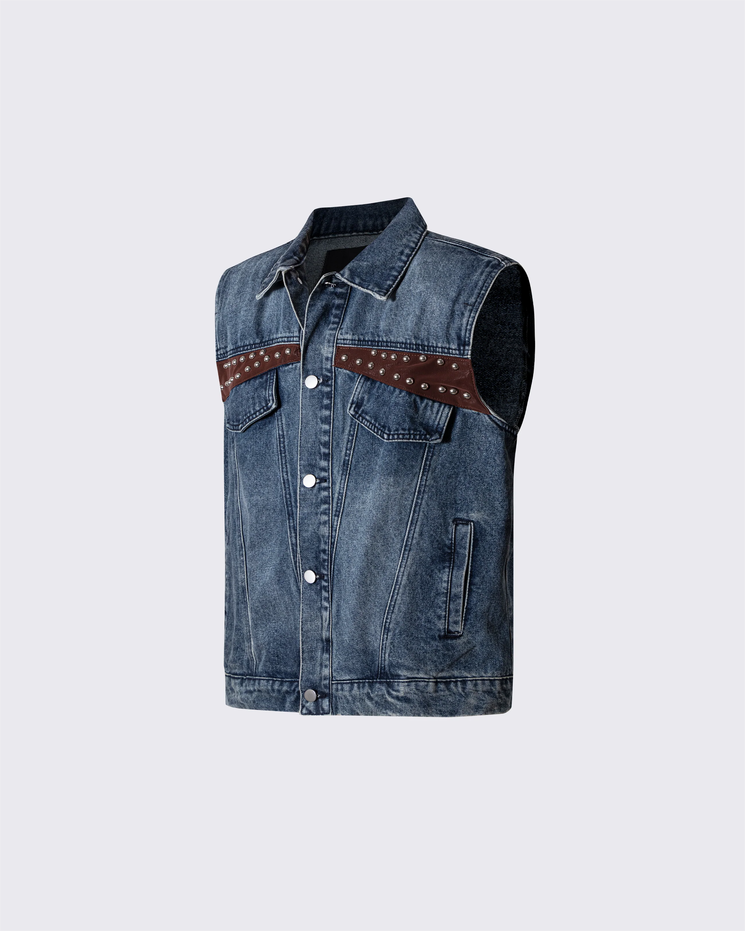 Leather Patch Studded Denim Vest - Image 2