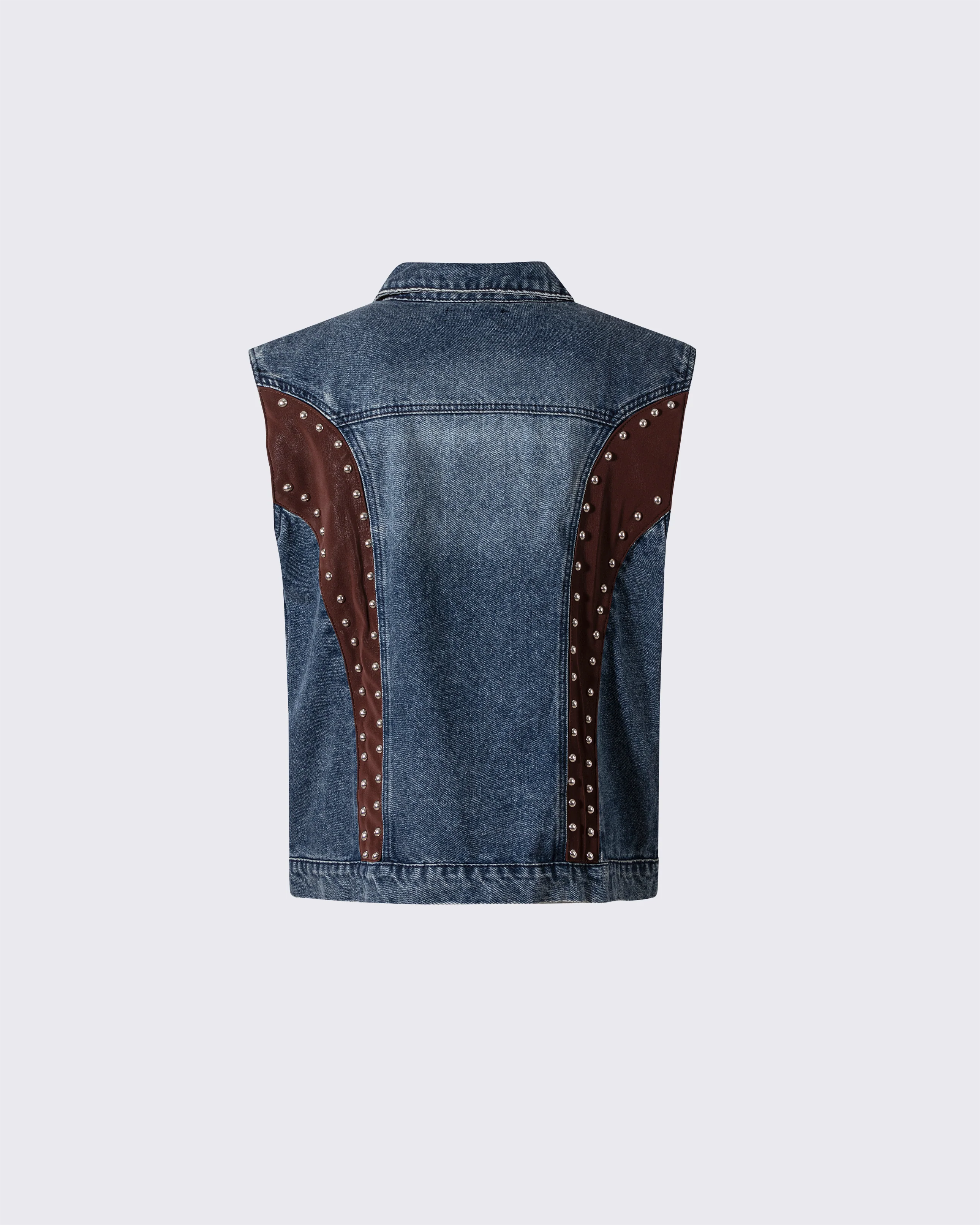 Leather Patch Studded Denim Vest - Image 3