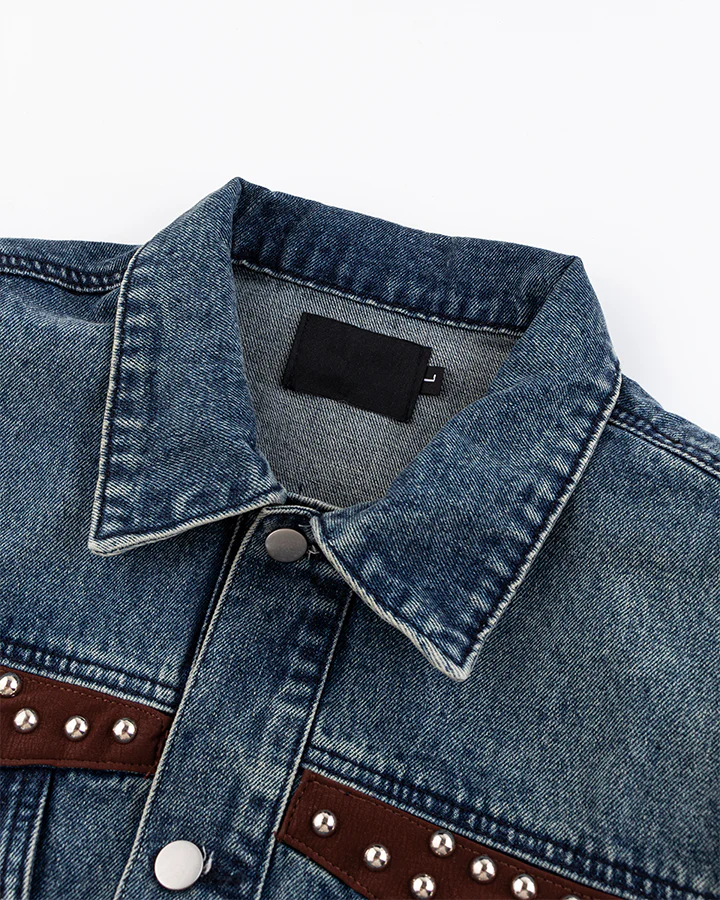Leather Patch Studded Denim Vest - Image 4