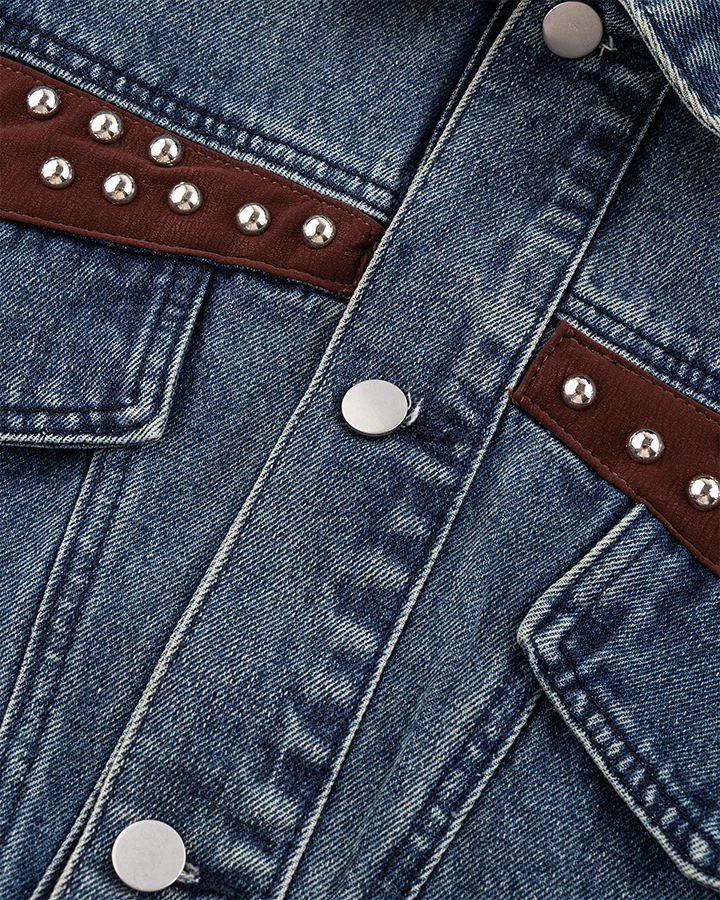 Leather Patch Studded Denim Vest - Image 5