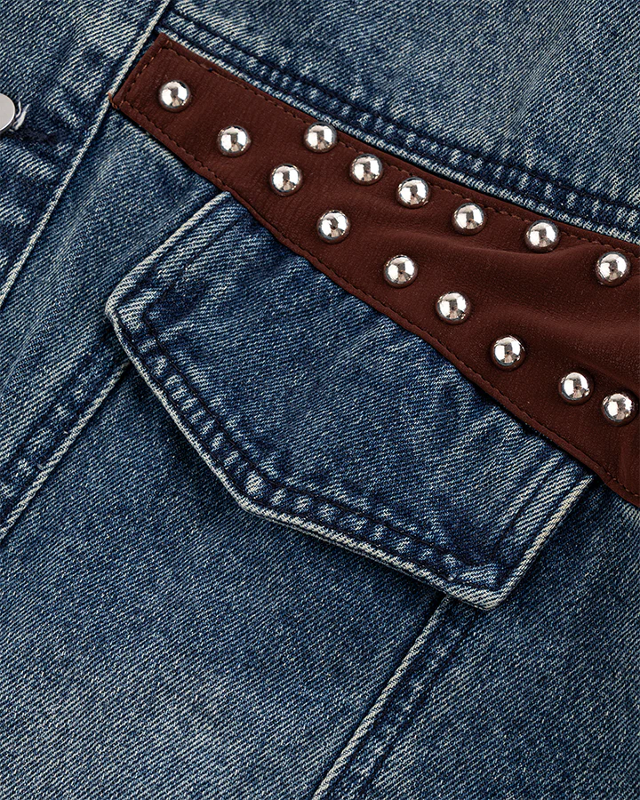 Leather Patch Studded Denim Vest - Image 6