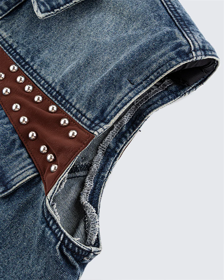 Leather Patch Studded Denim Vest - Image 7