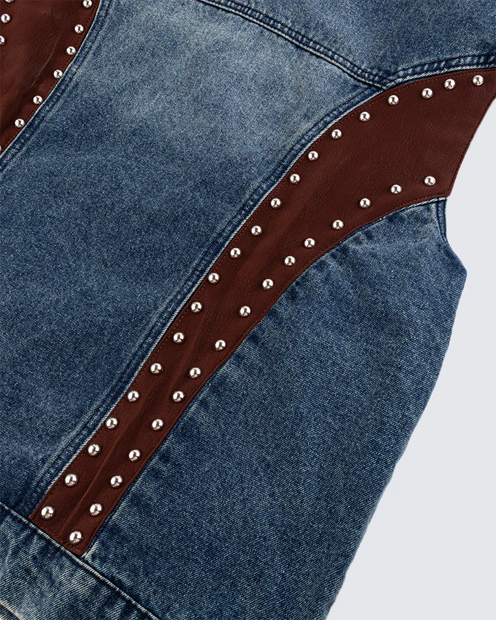 Leather Patch Studded Denim Vest - Image 9