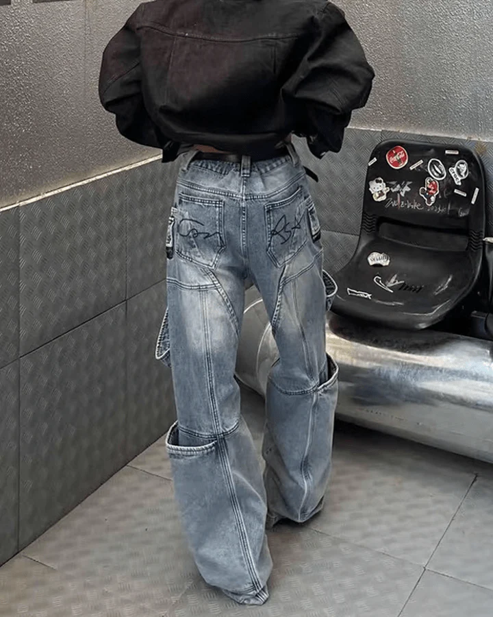 Multi-Zip Techwear Cargo Denim Pants - Image 2