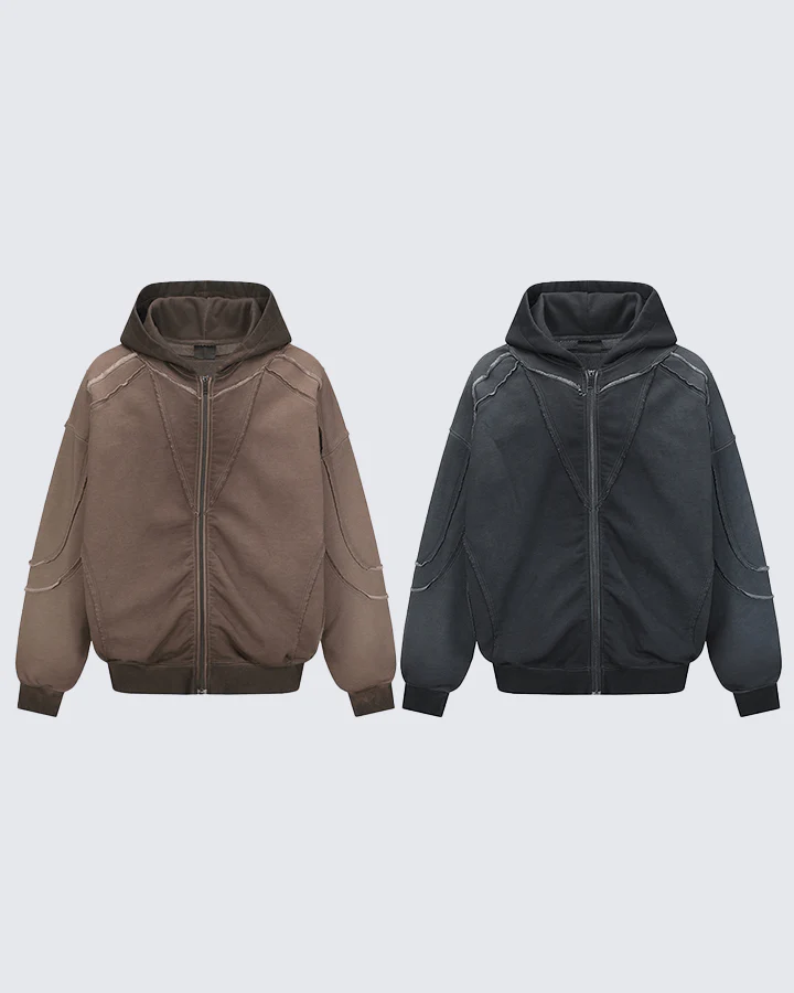 Paneled Stitch Line Zip-Up Hoodie - Image 3