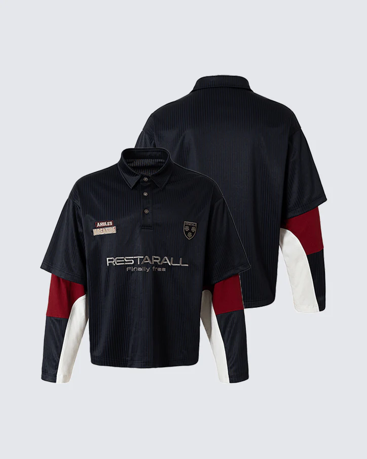 Colorblock Patchwork Polo Collar Long Sleeve T-Shirt - Image 2