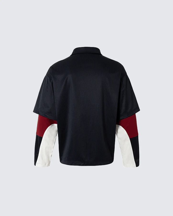 Colorblock Patchwork Polo Collar Long Sleeve T-Shirt - Image 3