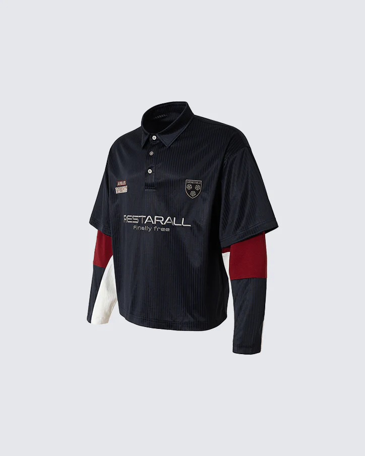 Colorblock Patchwork Polo Collar Long Sleeve T-Shirt - Image 4