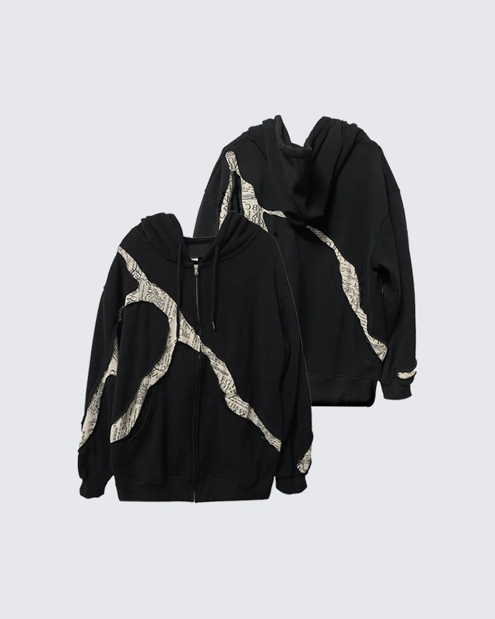 Abstract Newspaper Patchwork Zip Hoodie Cotton Blend Sweatshirt - Image 2