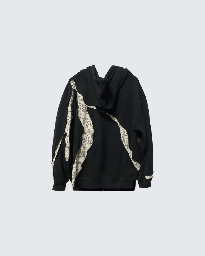 Abstract Newspaper Patchwork Zip Hoodie Cotton Blend Sweatshirt - Image 3