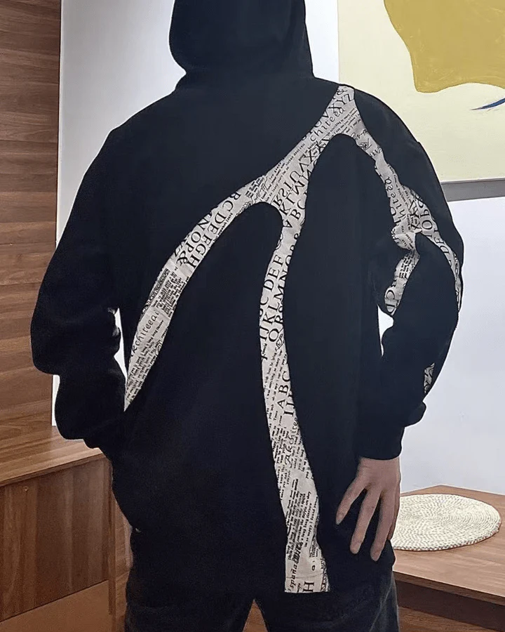 Abstract Newspaper Patchwork Zip Hoodie Cotton Blend Sweatshirt - Image 4