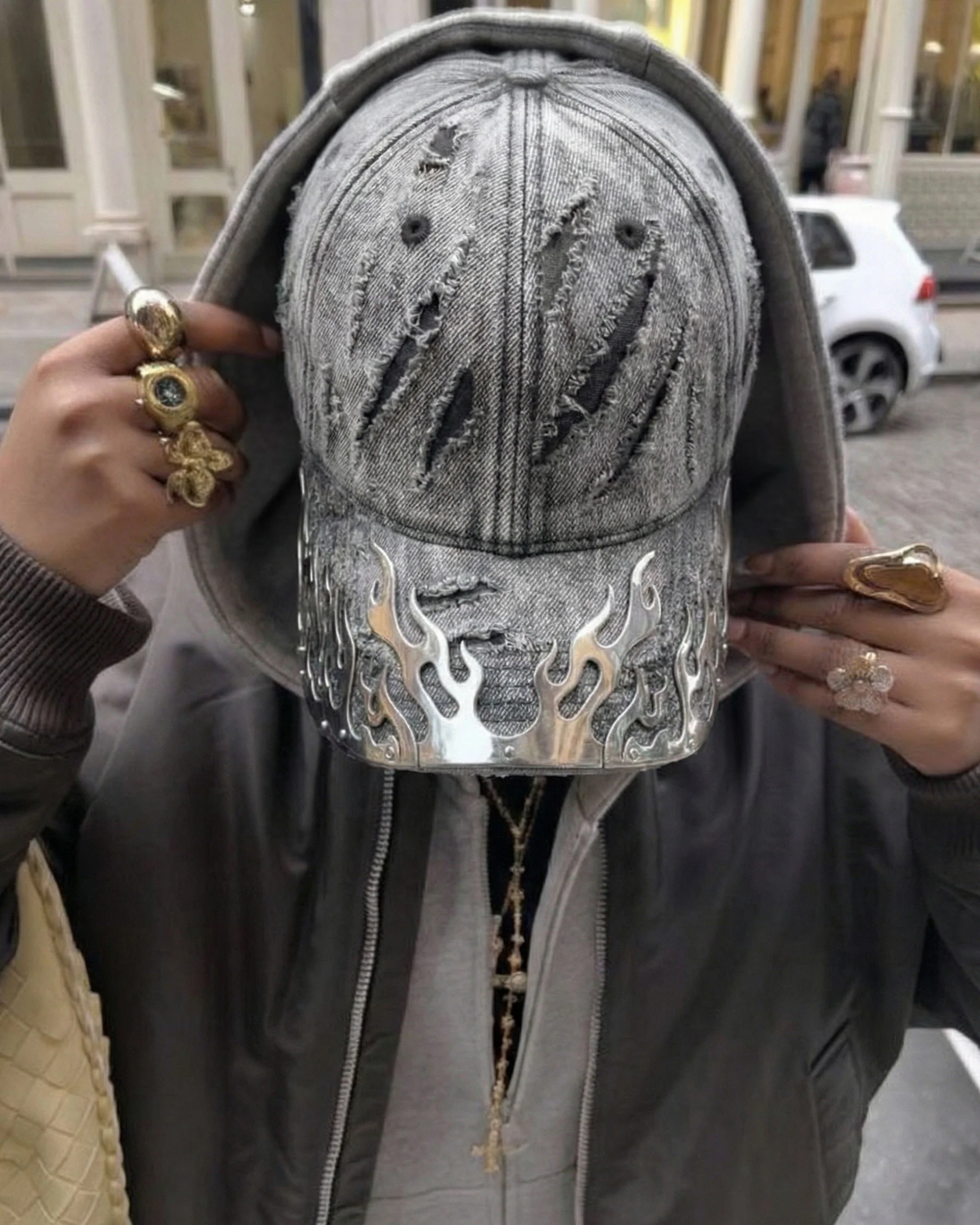 KIIKIO-Post-Apocalyptic Flame Metal Denim Cap - Image 2