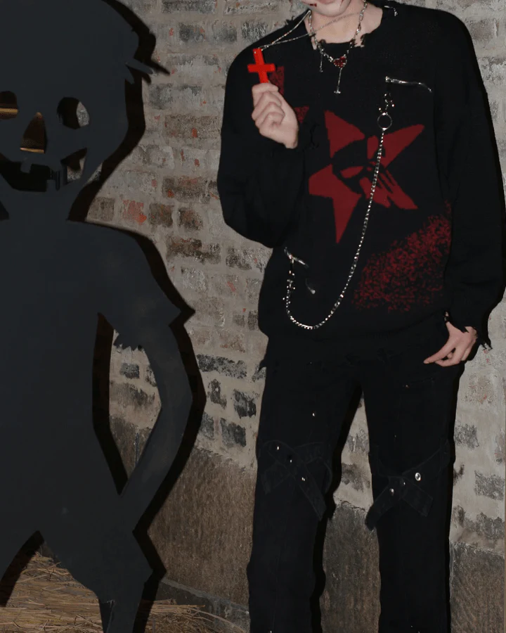 Punk Star Chain Distressed Knit Sweater - Image 11
