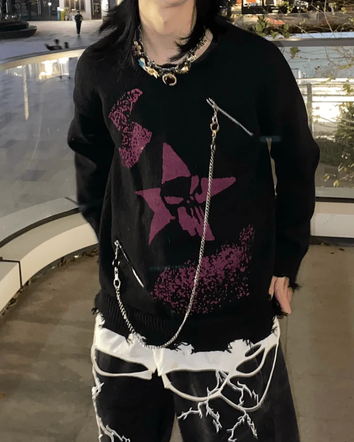 Punk Star Chain Distressed Knit Sweater - Image 12