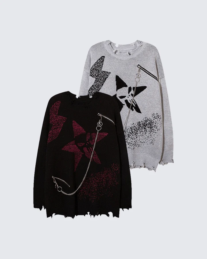 Punk Star Chain Distressed Knit Sweater - Image 2