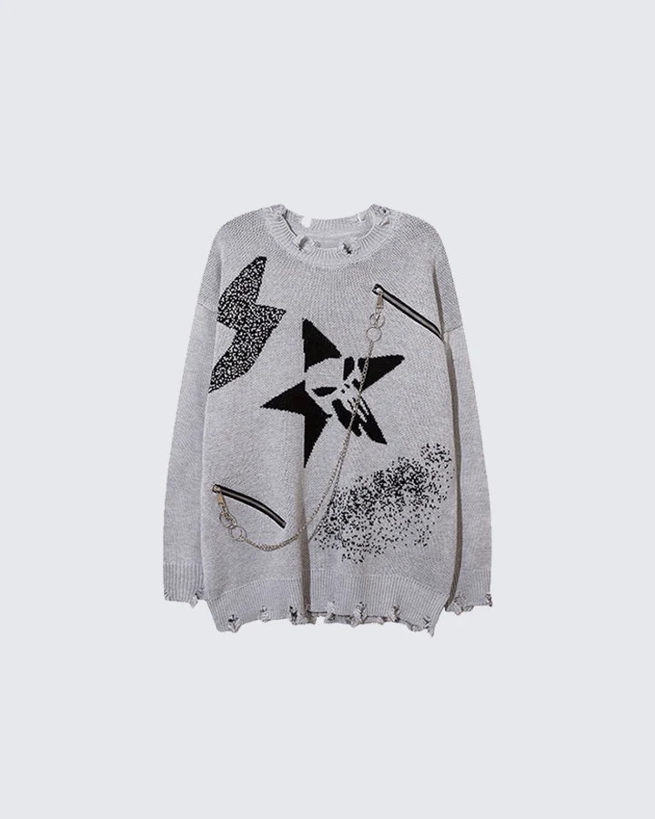 Punk Star Chain Distressed Knit Sweater - Image 3