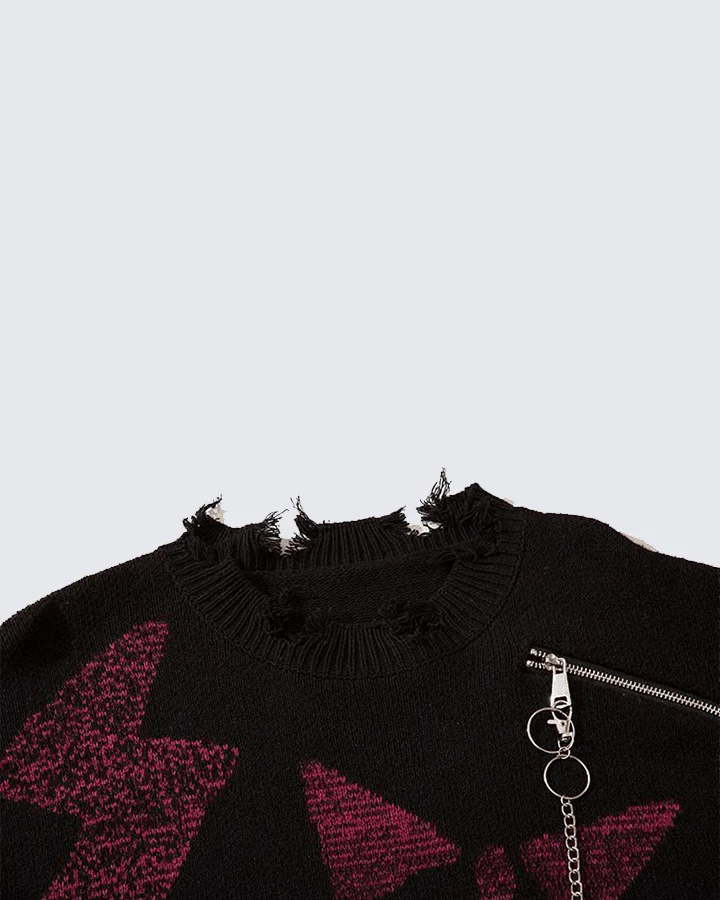 Punk Star Chain Distressed Knit Sweater - Image 5