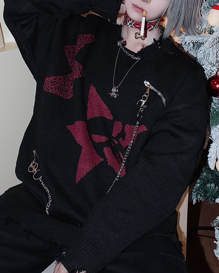 Punk Star Chain Distressed Knit Sweater - Image 9