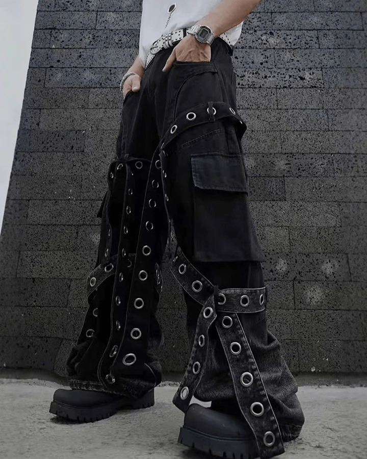 Punk Strap Eyelet Wide-Leg Cargo Pants - Image 2