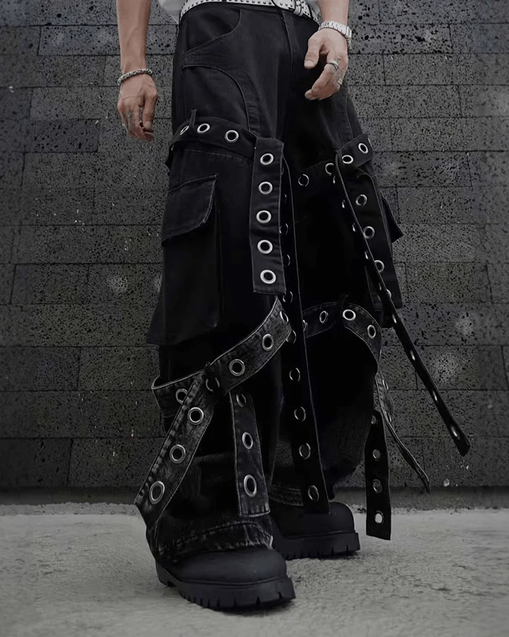Punk Strap Eyelet Wide-Leg Cargo Pants - Image 3