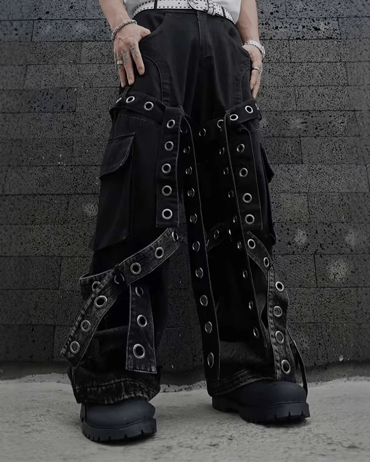 Punk Strap Eyelet Wide-Leg Cargo Pants - Image 4