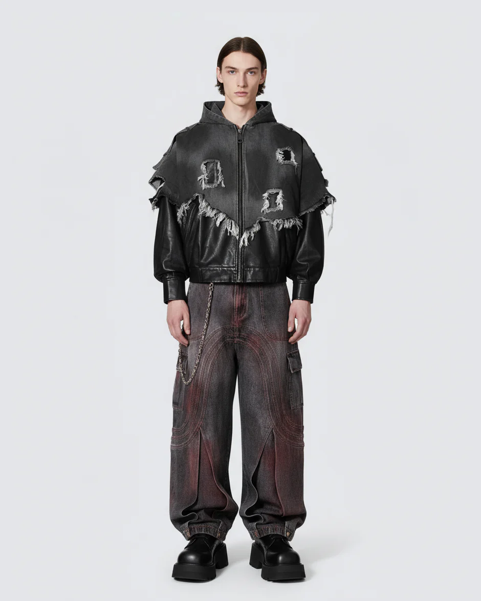 Red Fade 3D Panel Wide-Leg Denim Pants - Image 2