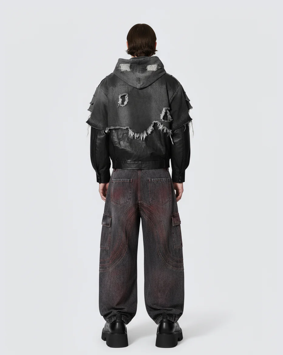 Red Fade 3D Panel Wide-Leg Denim Pants - Image 3