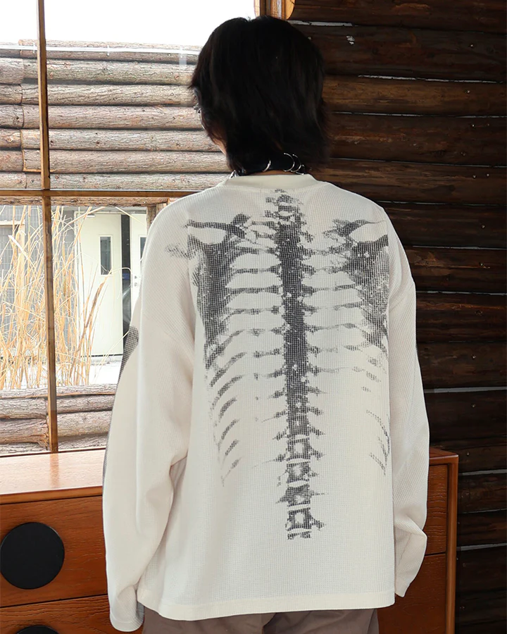 KIIKIO Skull Print Waffle Long Sleeve T-Shirt - Image 2