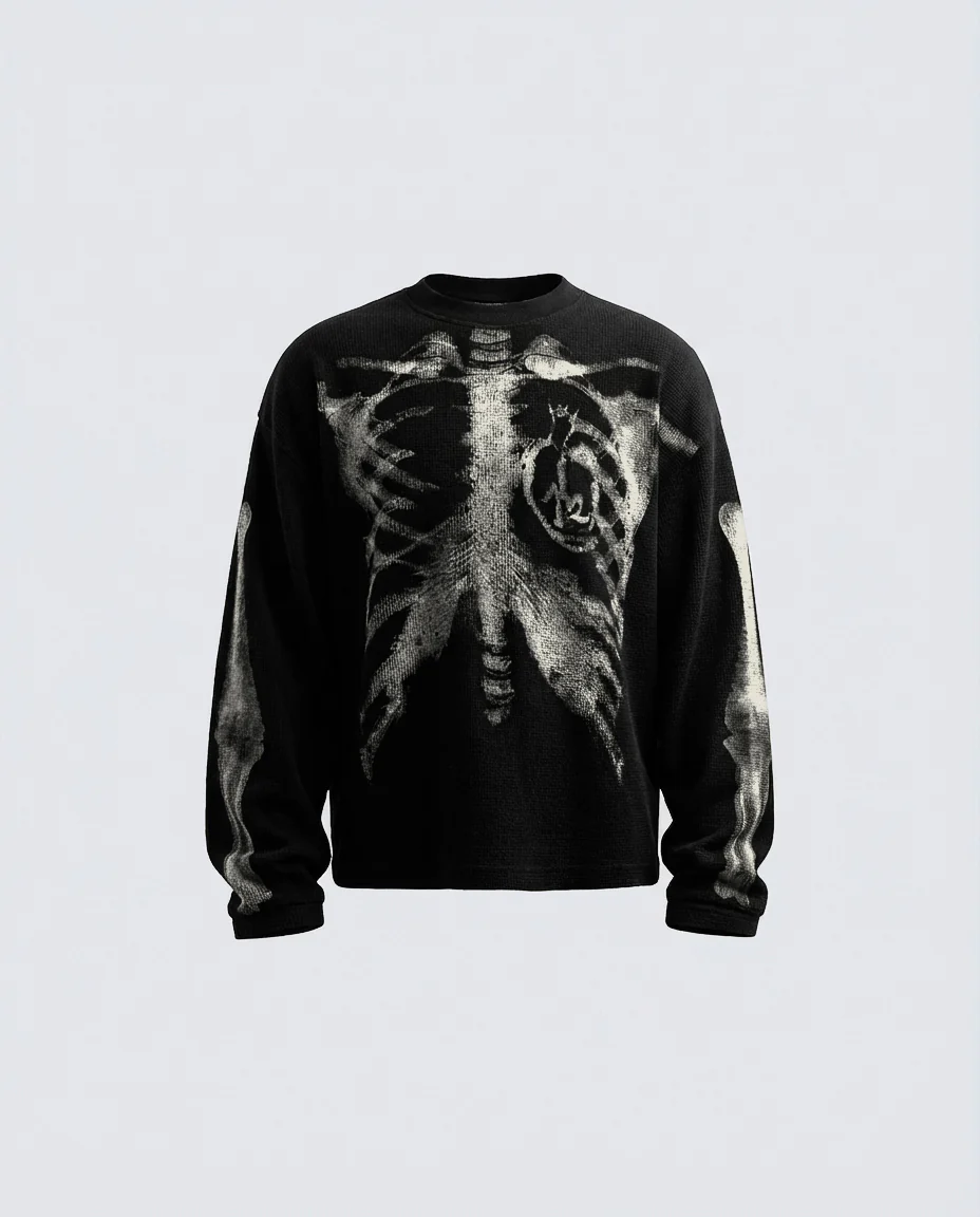 KIIKIO Skull Print Waffle Long Sleeve T-Shirt - Image 3