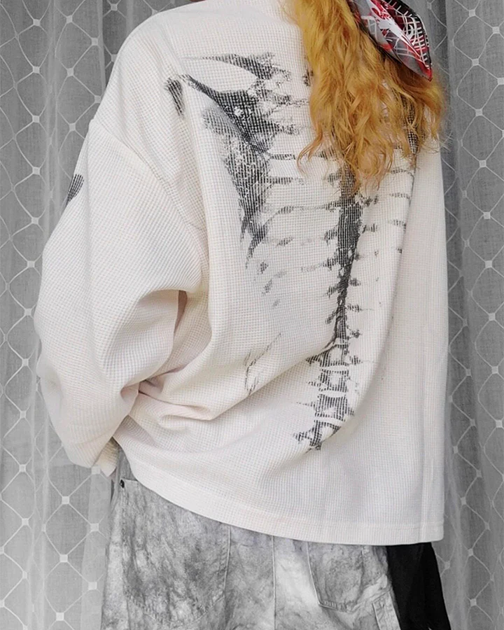 KIIKIO Skull Print Waffle Long Sleeve T-Shirt - Image 4