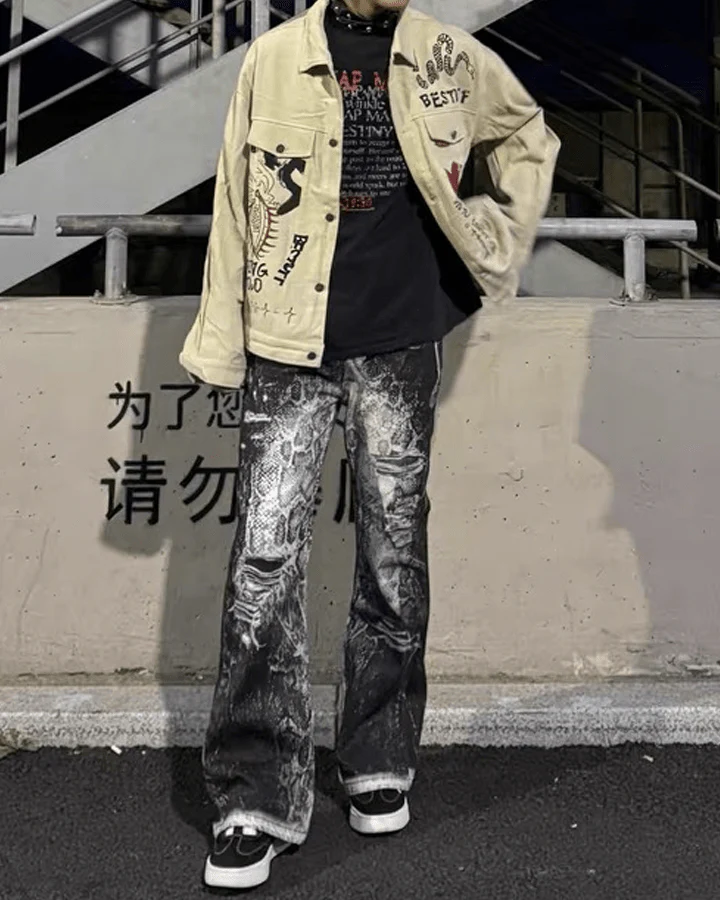 Grunge Snake Print Stacked Washed Jeans - Image 6