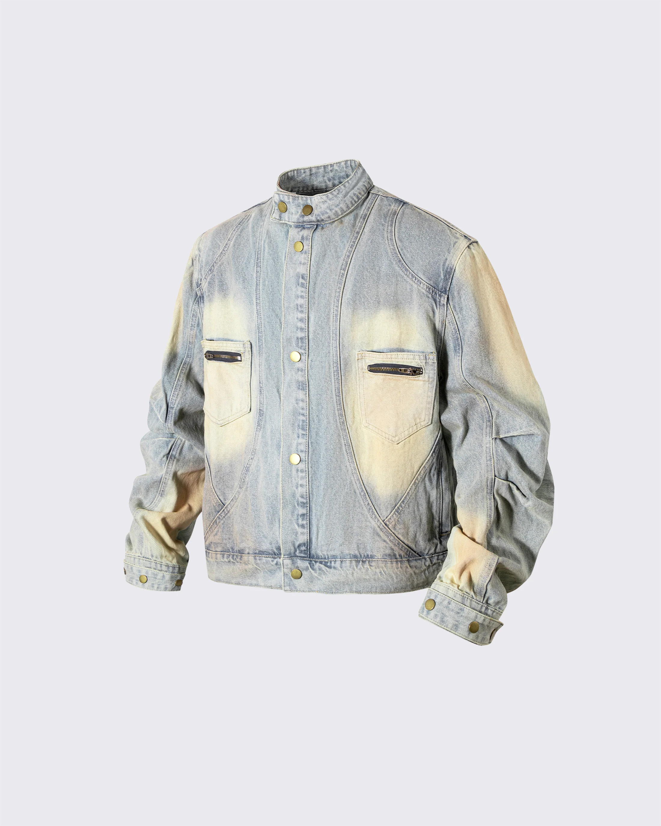 Vintage Wash Denim Jacket with Zipper Pockets - Image 3