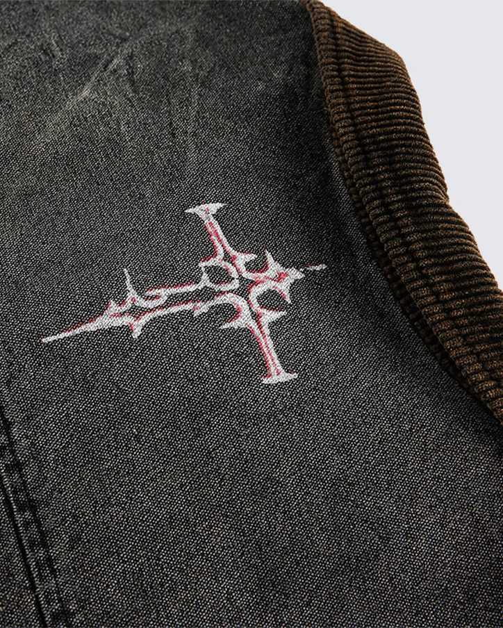 Washed Denim Graffiti Jacket with Contrast Collar - Image 10